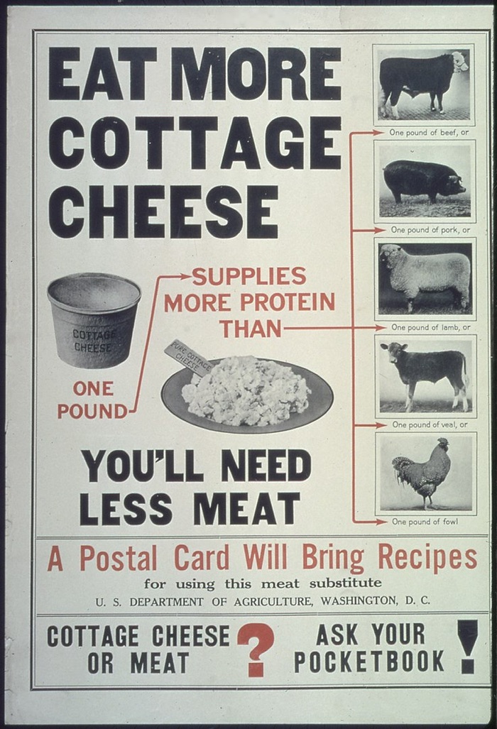 USDA poster encouraging people to eat cottage cheese instead of meat and detailing the amount of protein it represents compared to meat