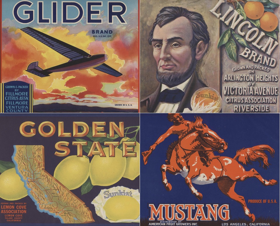 A selection of four orange crate labels illustrating themes of modernity and Americanness