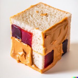 Peanut butter and jelly sandwich in the shape of a Rubik's cube, generated by DALL-E