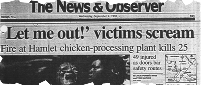 Newspaper headline about the Hamlet fire in 1991