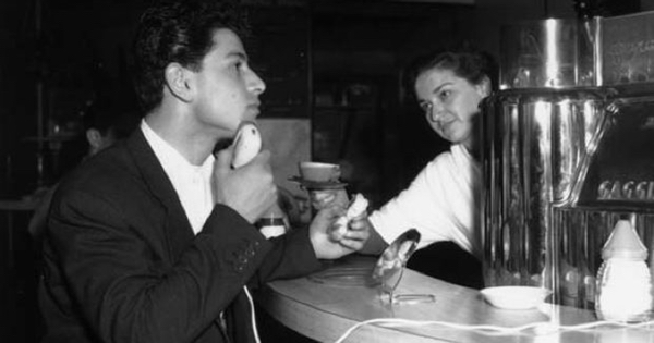 Customer shaving in the Moka coffee bar, London