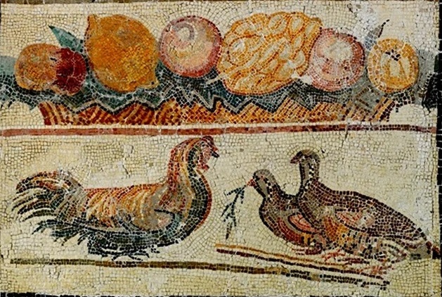 Roman mosaic of a fruits and chickens