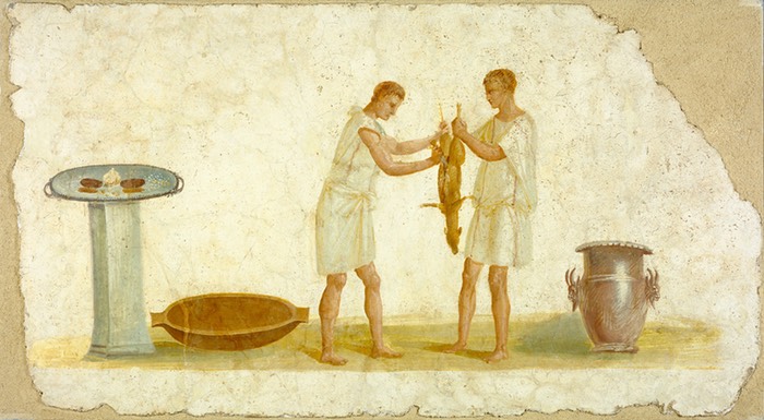 Fresco fragment of two Romans preparing a carcass