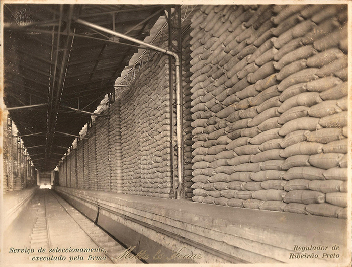 Endless sacks of coffee beans in a warehouse in Brazil