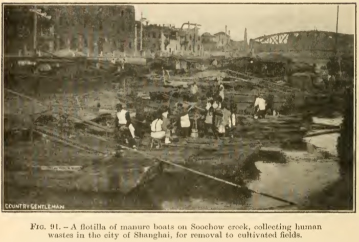 Manure boats on the Soochow Creek, Shanghai, collecting human waste to recycle to farmers