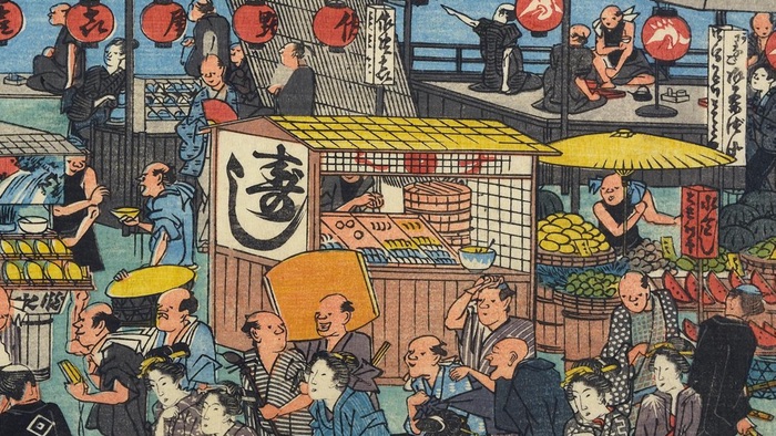 Detail from Utagawa Hiroshige’s Amusements While Waiting for the Moon on the Night of the Twenty-sixth in Takanawa, showing sushi stalls serving tourists