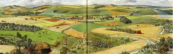 A watercolour by S.R. Badmin of a scene over the Wiltshire Downs, in about 1950, showing the kind of diverse, small farm we should strive for.